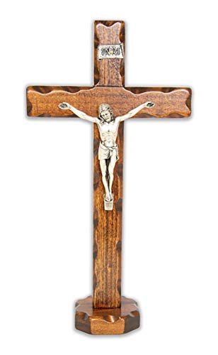 La Balestra - Crucifijo de madera, cristo chapado en plata 999, base de apoyo, fabricado en Umbria, Italia, medidas 18,7 x 9,50 x 3 cm