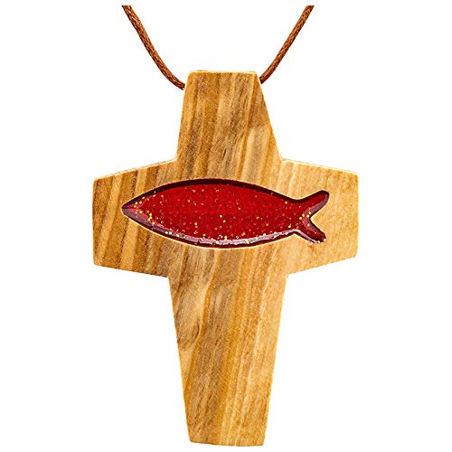 MaMeMi Colgante de cruz de madera de olivo con pez, color rojo