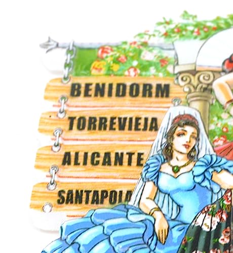 Torrevieja Alicante Altea Benidorm Santa Pola imán de Nevera. bailaora de Flamenco español. Bandera de españa Vestido de Lunares con Figura de pericón. Abanico sevillana