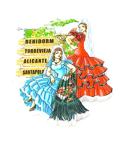 Torrevieja Alicante Altea Benidorm Santa Pola imán de Nevera. bailaora de Flamenco español. Bandera de españa Vestido de Lunares con Figura de pericón. Abanico sevillana